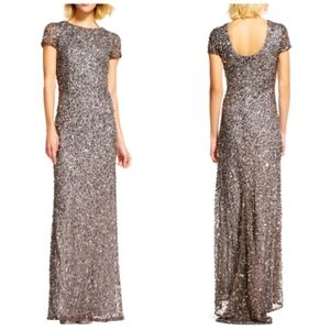 Adrianna Papell Silver Sequin Cap Sleeve Scoop Back Maxi Evening Gown Size 18W